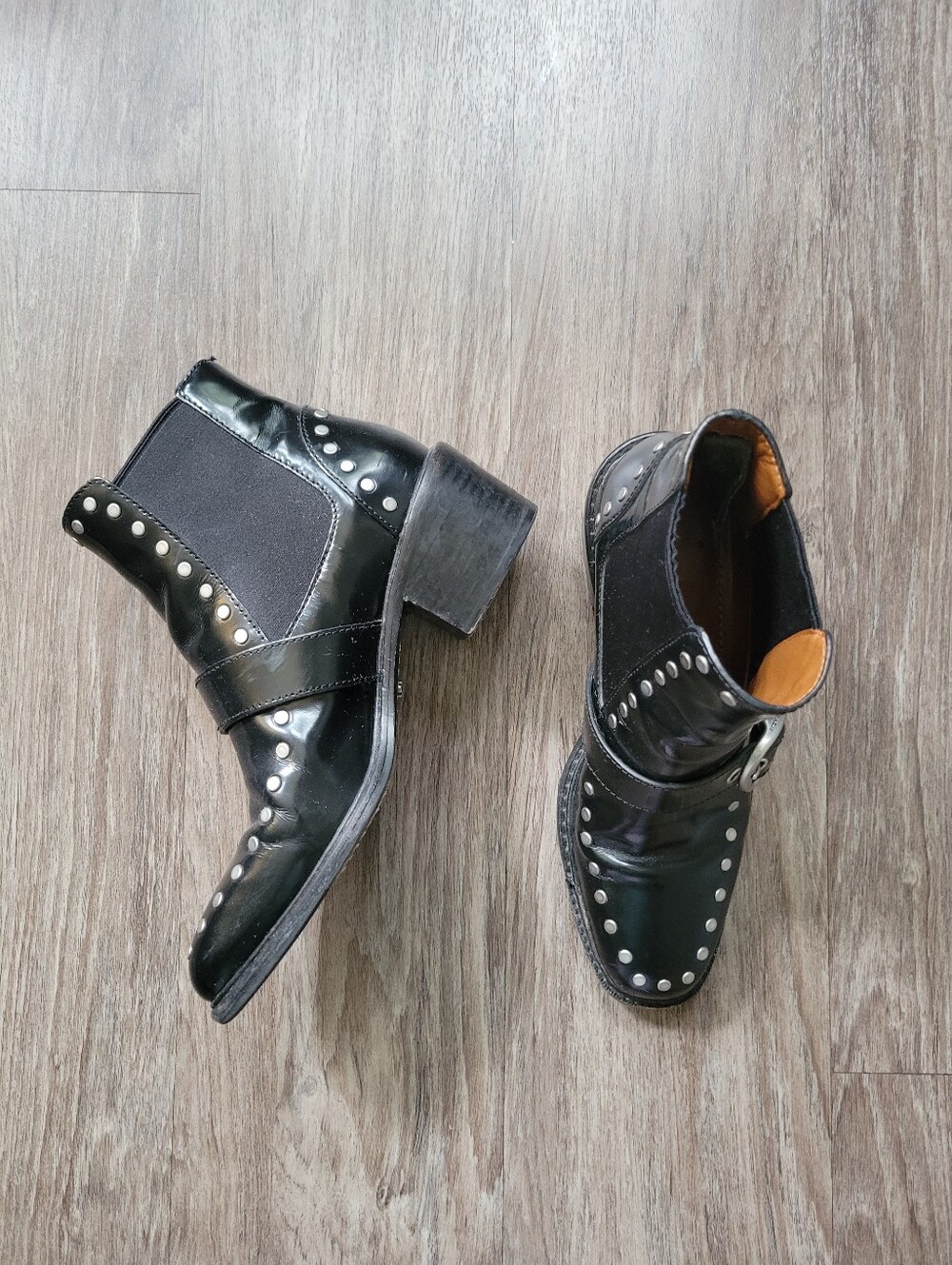 Coach Nora Chelsea Bootie Black Silver Studded Buckle Boots Moto Slip On Used 6